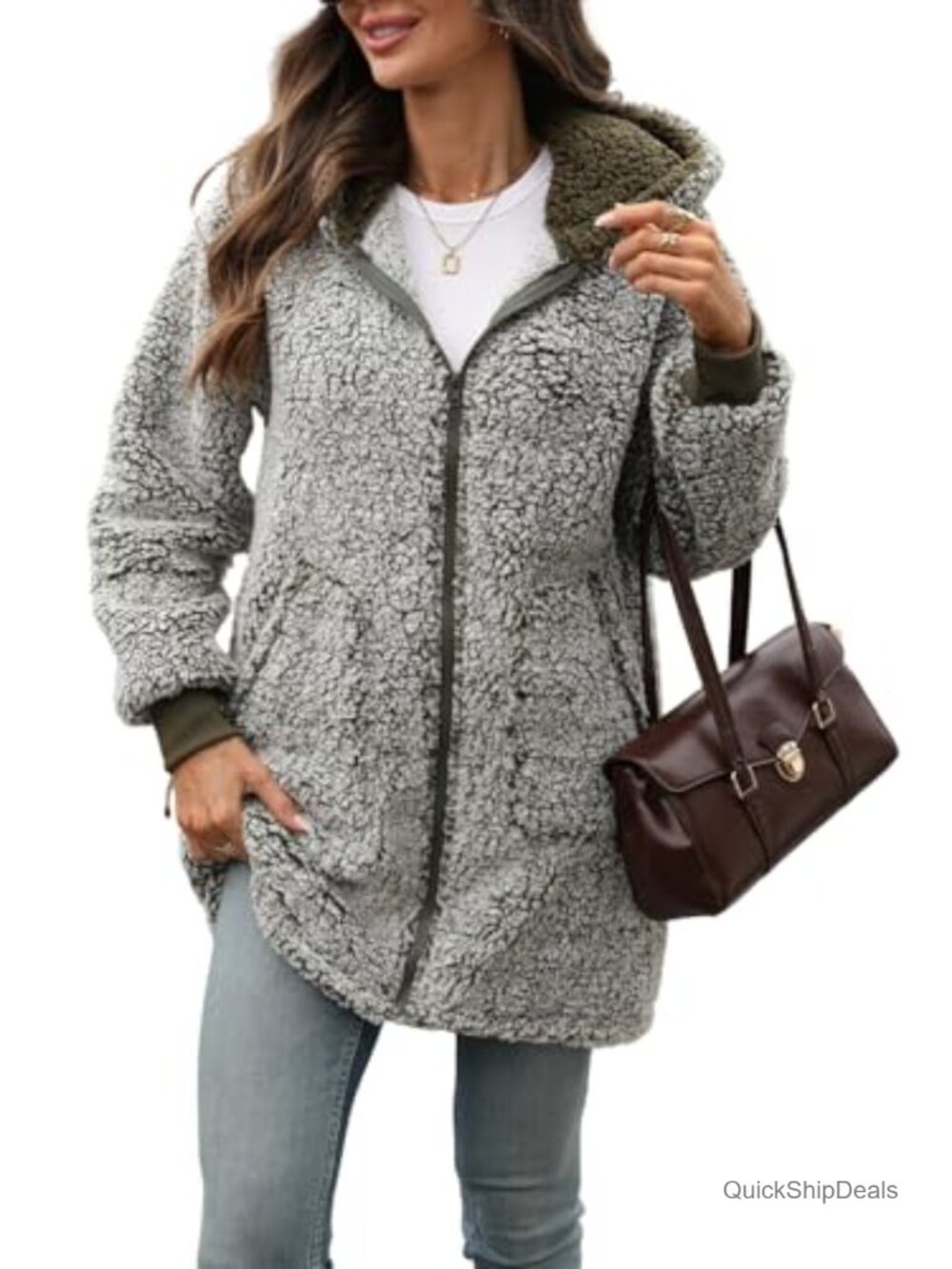 Women's Fuzzy Sherpa Fleece Zip-Up Hooded Jacket with Pockets